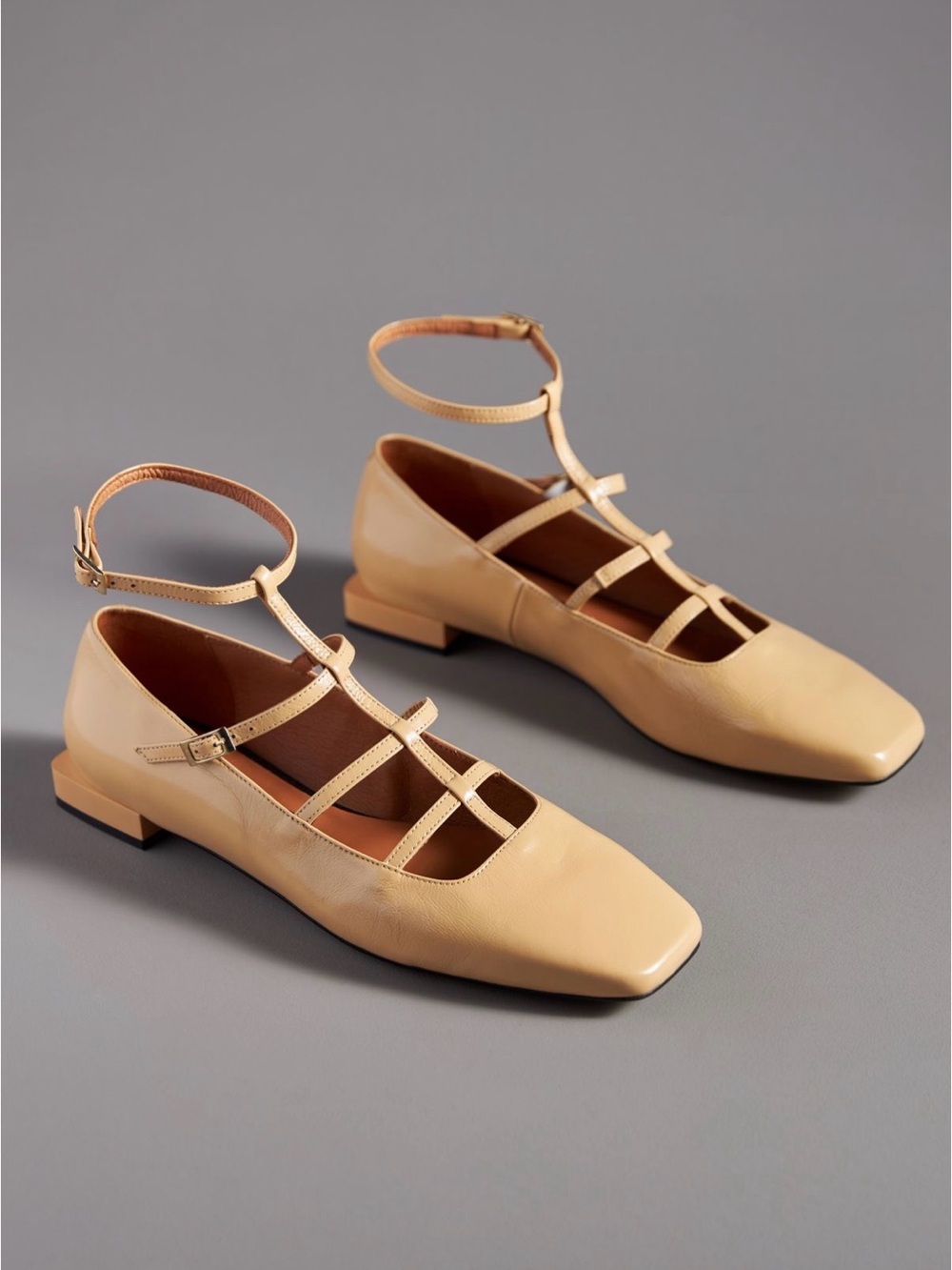 Ankle-Strap T-Strap Ballet Flats in Beige - Women's Loafers